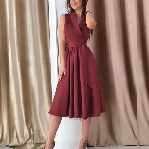 Dies Midi Dress Casual Sleeveless Belt Female New