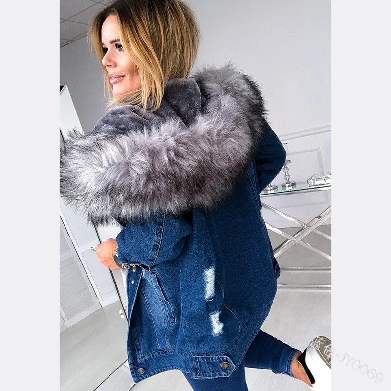 European And American Retro Big Fur Collar Denim Jacket Temperament Commuting To Keep Warm Mid-Length Broken Hole Distressed Coat - Blue