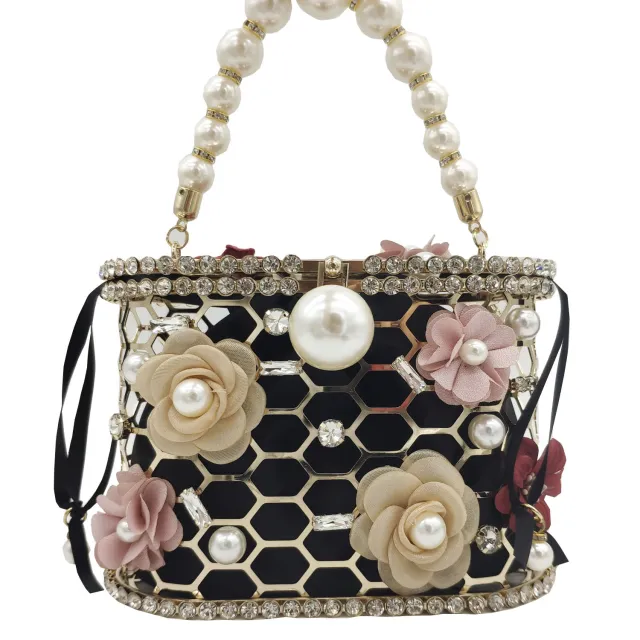 Pearl And Diamond Flower Handbag Drawstring Pork Cage Bag Black - Shop at LoveMi