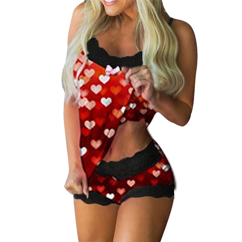 Two piece Sexy Lingerie Sexy Sweet Print Suspenders Red - Shop at LoveMi