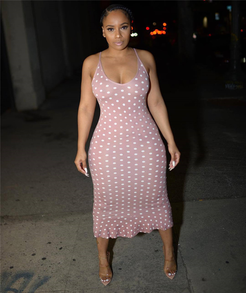 Strapless Sleeveless Polka Dot Print Ruffle Dress