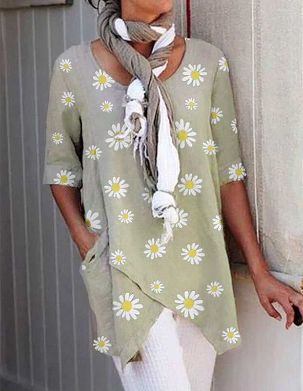 Daisy Floral Printed Sleeve Round Neck Shirt