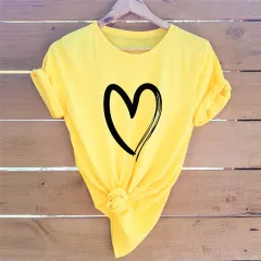 Love Print Short Sleeve T-Shirt Casual Blouse - Yellow - View 1