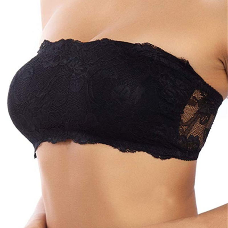 Solid Color Lace Hollow Underwear Strapless Invisible Bra Black - Shop at LoveMi