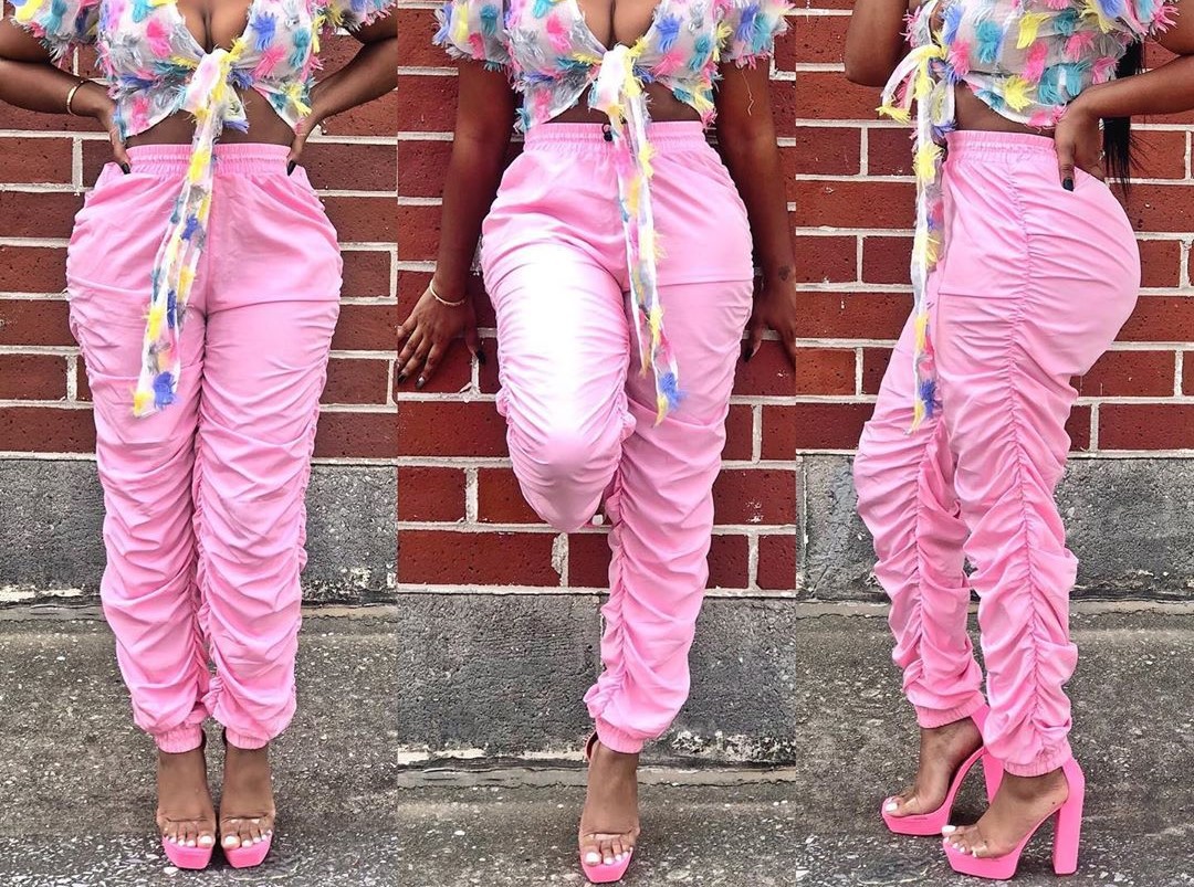 New European And American Fashion Women'S Pure Color Temperament Casual Mid Waist Hip Pants Pink - Shop at LoveMi