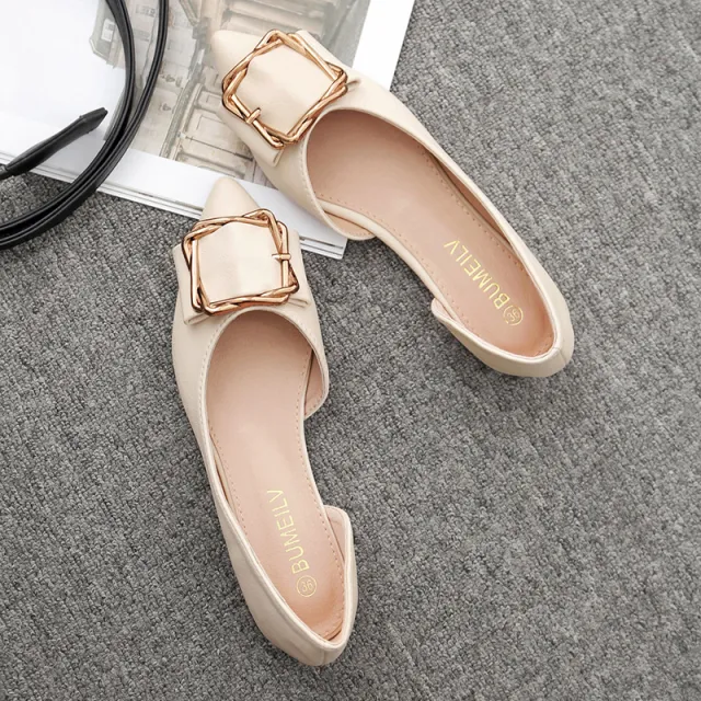 New Faux Leather Women's Pointed Metal Flats For Spring And Summer Fashion Trend Designer Slippers Apricot - Shop at LoveMi