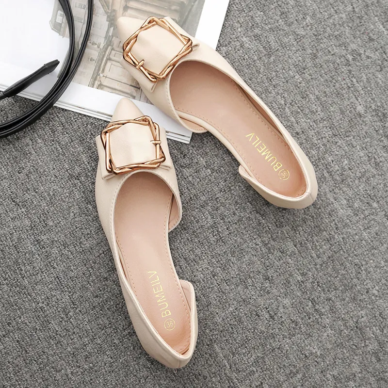 New Faux Leather Women's Pointed Metal Flats For Spring And Summer Fashion Trend Designer Slippers - Apricot