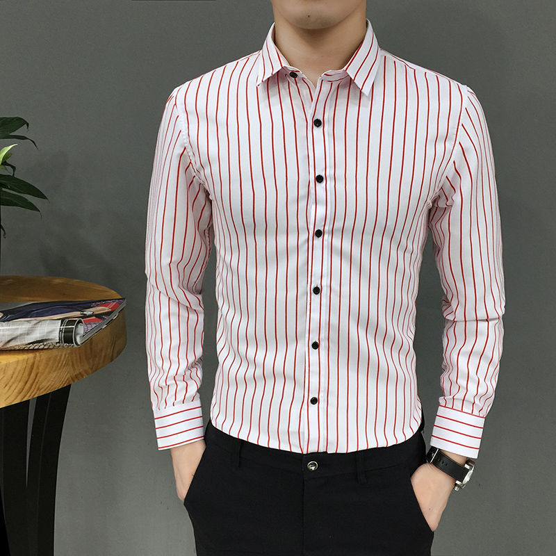 Long-Sleeved Striped Korean Slim Handsome Youth Trendy Casual Printed Black And White Bottoming Shirt