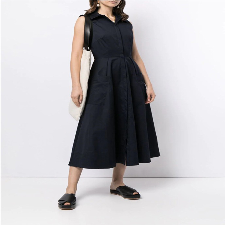 Sleeveless Shirt Collar Single-Breasted Large Pockets Slim-Fit And Long Bohemian Women'S Dress