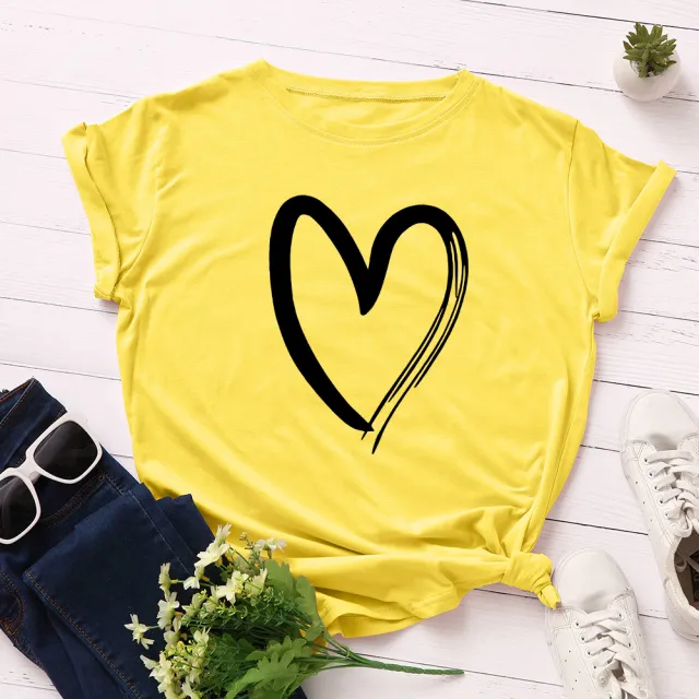 Women's Loose Heart Shaped Round Neck Short Sleeved T Shirt Yellow - Shop at LoveMi