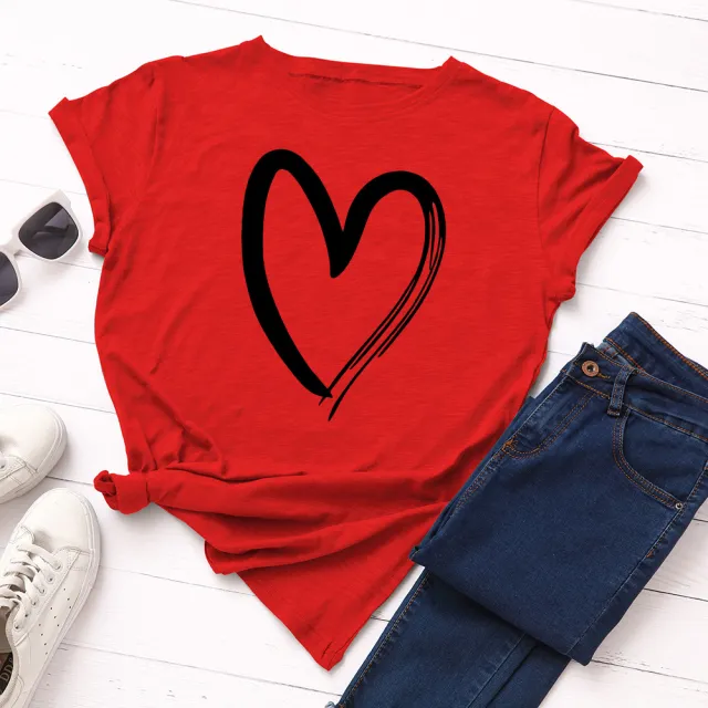 Women's Loose Heart Shaped Round Neck Short Sleeved T Shirt Red - Shop at LoveMi