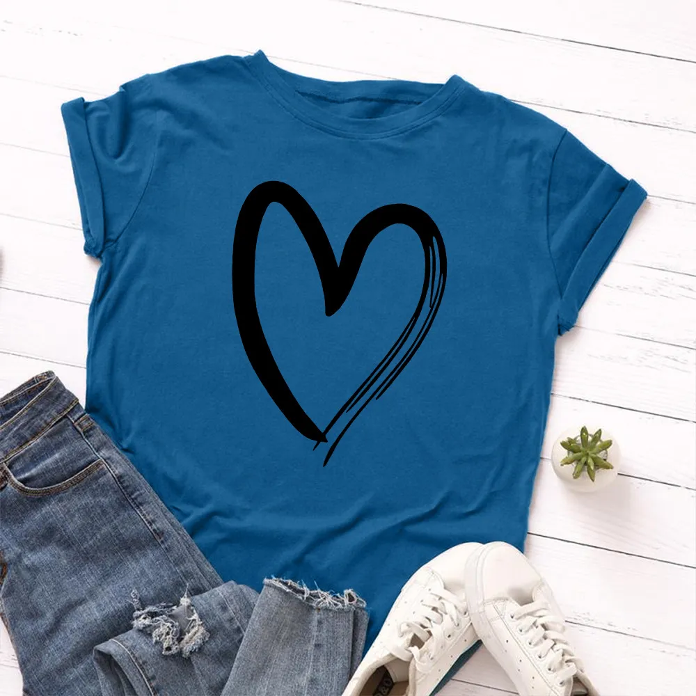 Women's Loose Heart-Shaped Round Neck Short-Sleeved T-Shirt - Blue