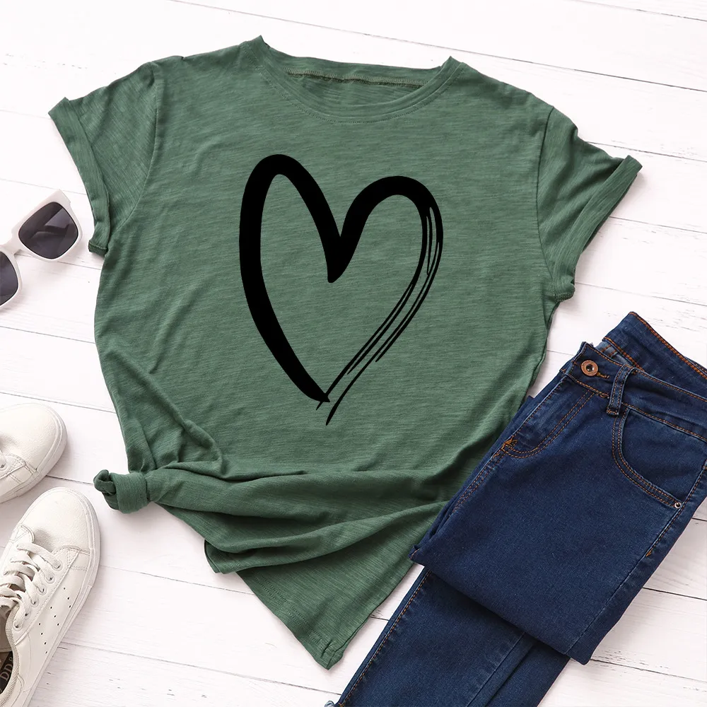 Women's Loose Heart-Shaped Round Neck Short-Sleeved T-Shirt - Army Green