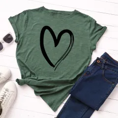Women's Loose Heart-Shaped Round Neck Short-Sleeved T-Shirt - Army Green - View 1