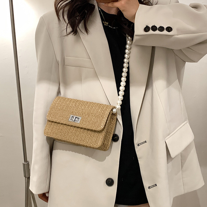 Pearl Chain One Shoulder Messenger Small Square Bag Khaki - Shop at LoveMi