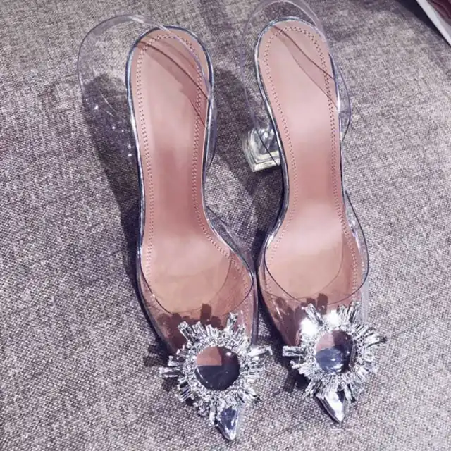 Women Pumps Elegant Pointed Toe Rhinestones High Heels Wedding Shoes Crystal Clear Heeled Slingback Pumps Sandals Sexy Heels Clear - Shop at LoveMi