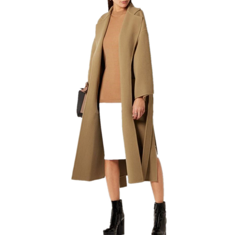 Retro Simple Lapel Lace-Up Slim-Fit Cashmere Coat Long Side Slit Woolen Coat
