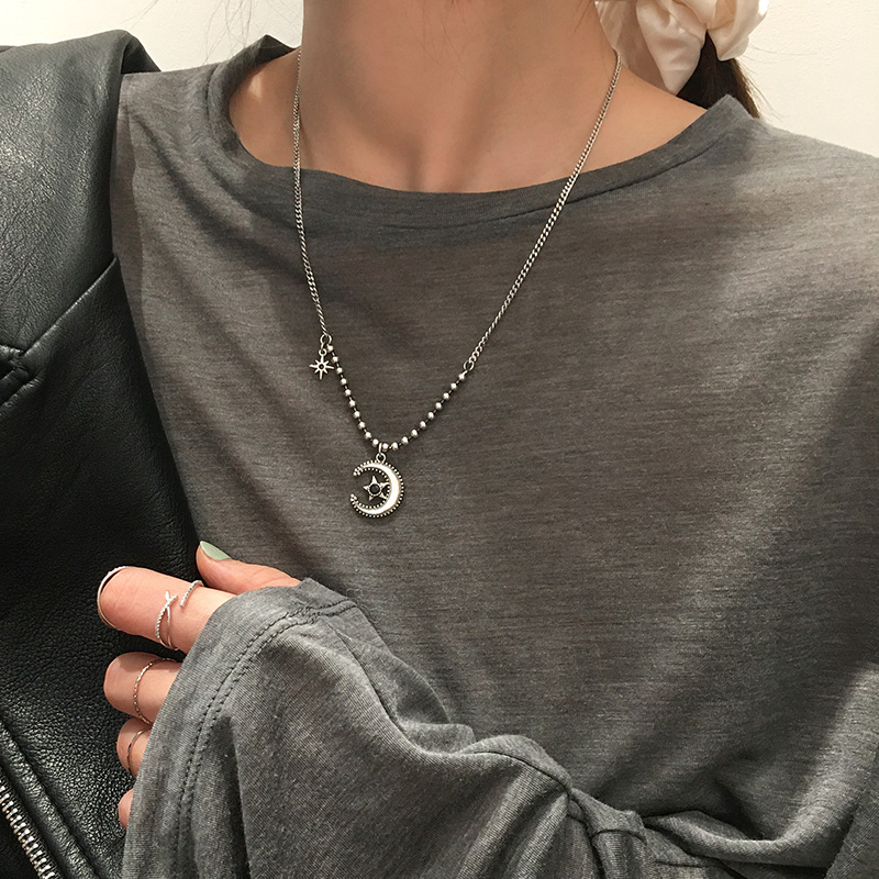 S925 Silver Black Diamond Star And Moon Necklace Female Simple Temperament