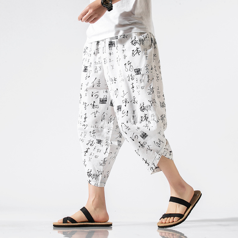 summer new men's casual pants Japanese national style ancient style printed Nepal Wide Leg Pants Capris