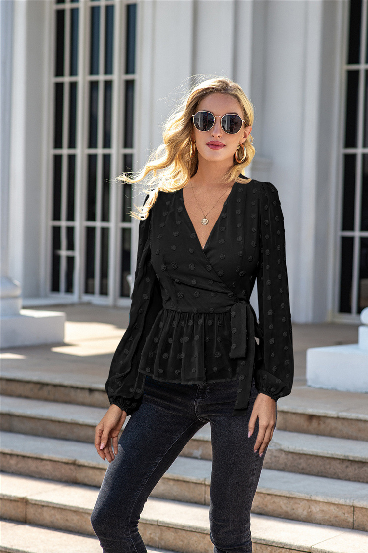 Women's Long Sleeved V Neck Slim Fit Blouse