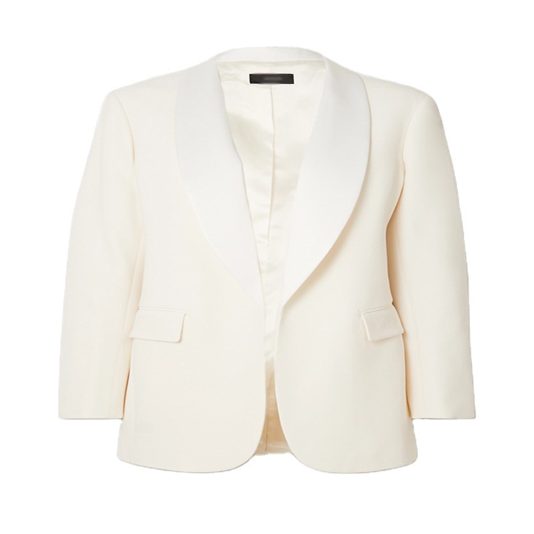 European And American Wind Temperament Ol Green Fruit Collar Without Long Section Of Solid Color White Suit Ladies Jacket