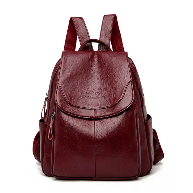 Xiangfei Kangaroo Soft Leather Backpack Female New Fashion Casual Backpack Soft Leather Large Capacity Travel Bag Red - Shop at LoveMi
