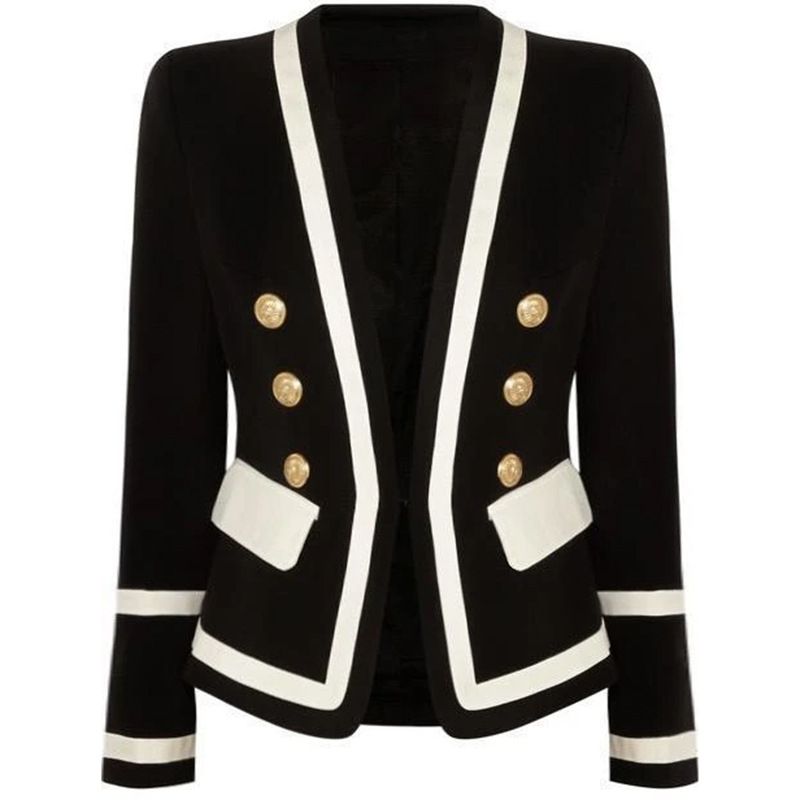 Spot European And American Fashion Handsome Jacket Metal Double-Breasted Black And White Contrast Color Slim Small Suit