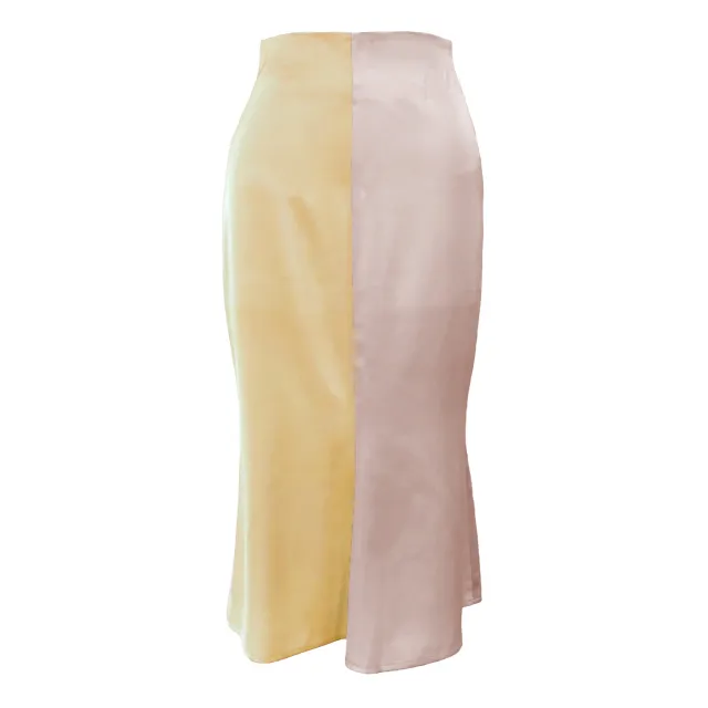 High Waist Zipper Satin Color Block Dress Yellow - Shop at LoveMi