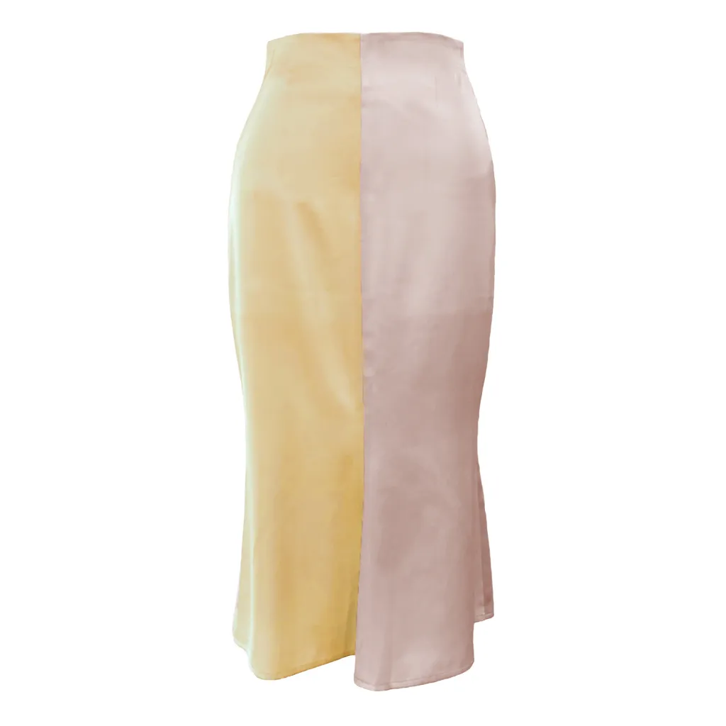 High Waist Zipper Satin Color Block Dress - Yellow