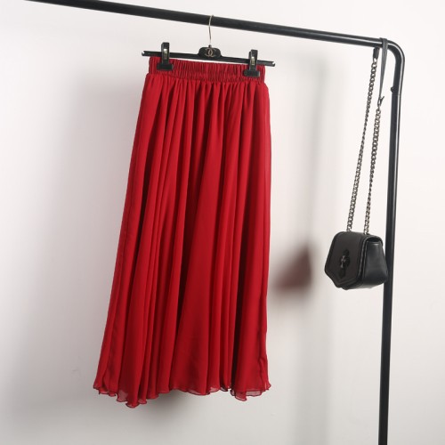 Spring Chiffon Skirt Spring And Autumn Big Swing Fairy Skirt Thin Skirt A Line Pleated Skirt Half Length Skirt Wine - Shop at LoveMi