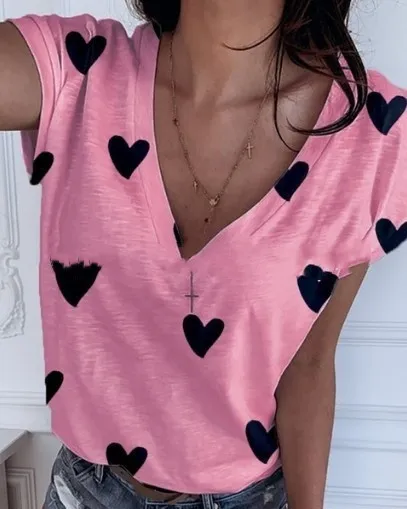 Women's New Solid Color V Neck Printed Short Sleeved T Shirt Top Pink - Shop at LoveMi