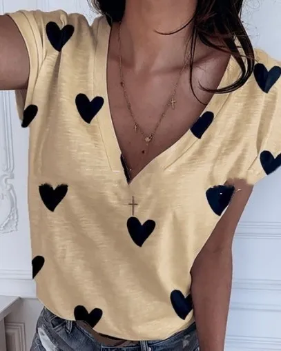 Women's New Solid Color V Neck Printed Short Sleeved T Shirt Top Yellow - Shop at LoveMi