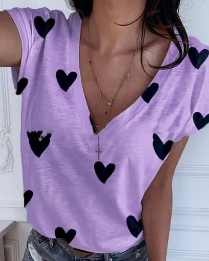 Women's New Solid Color V Neck Printed Short Sleeved T Shirt Top - Purple