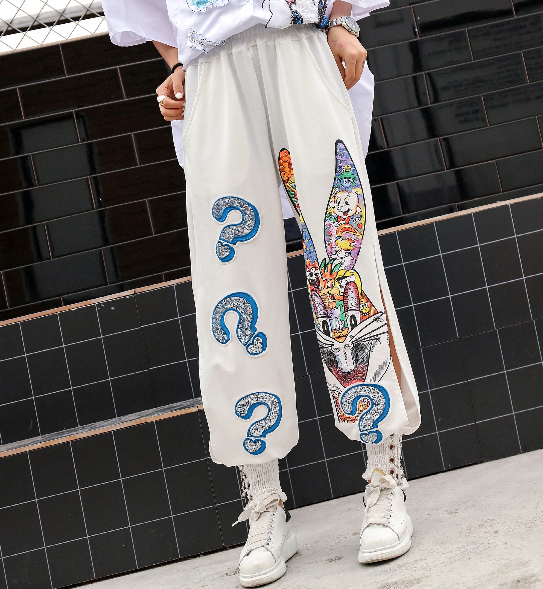 Summer Loose Cartoon Sequined Wide-Leg Pants Women
