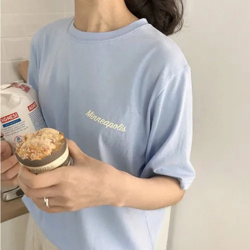 Spring New Korean Style Sunrise Letter Front And Back Printing Round Neck Loose Short Sleeve T Shirt T37399 Blue - Shop at LoveMi