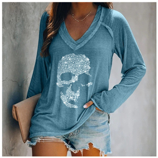 European And American Style Skull Print Casual Long-Sleeved Pullover Deep V-Neck T-Shirt