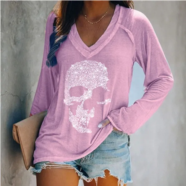 European And American Style Skull Print Casual Long Sleeved Pullover Deep V Neck T Shirt Purple - Shop at LoveMi