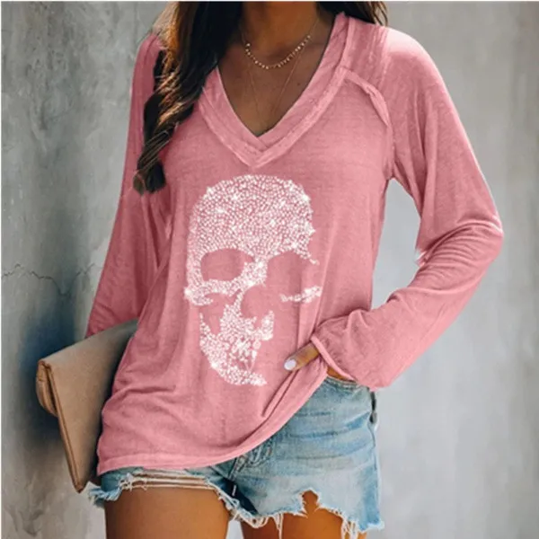 European And American Style Skull Print Casual Long-Sleeved Pullover Deep V-Neck T-Shirt - Pink