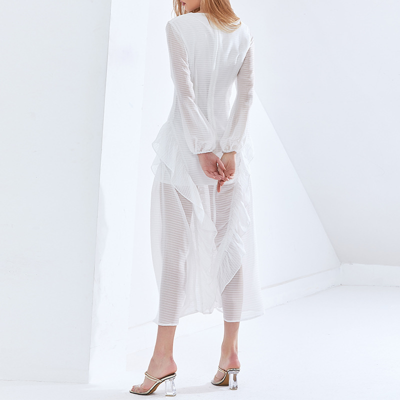  New Women's Ruffle Stitching V-Neck Slim Waist Asymmetrical Long-Sleeved Color Matching Long Dress 27920