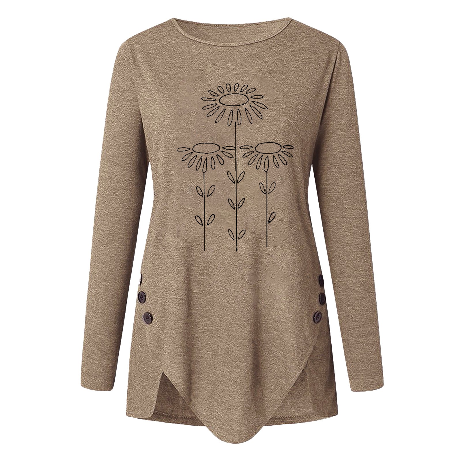 Title 5, Irregular Button Long-Sleeved Round Neck Printe...