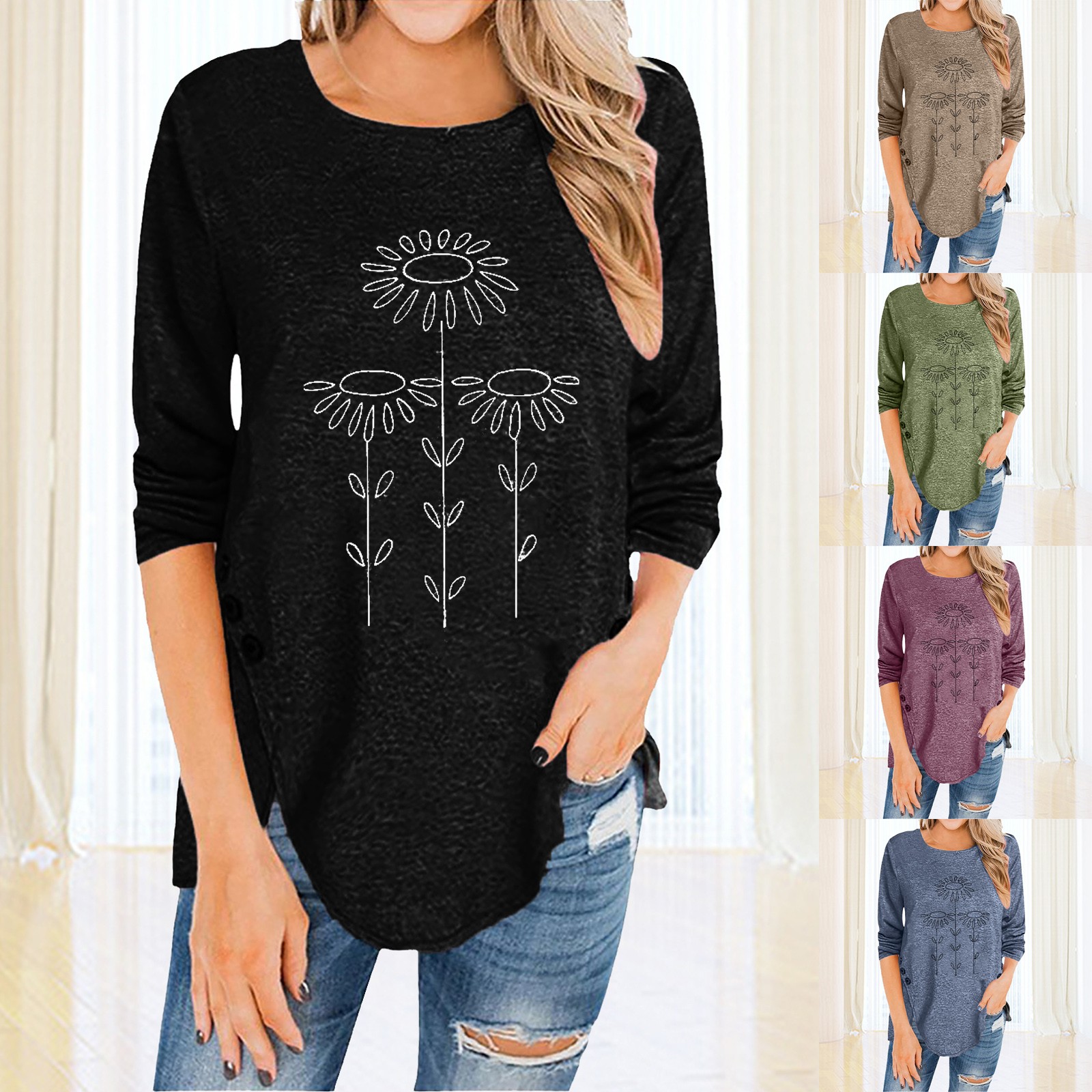 Irregular Button Long-Sleeved Round Neck Printed Women'S T-Shirt