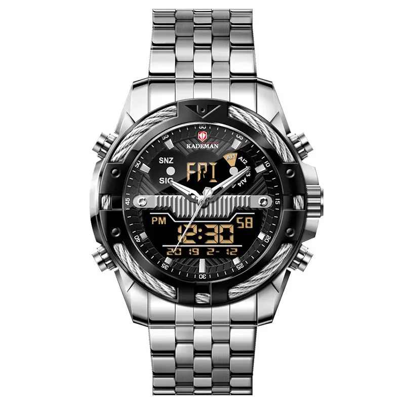 Men'S Watch Dual Movement Backlight Alarm Clock Waterproof Steel