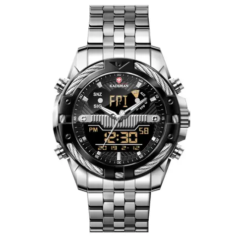 Men'S Watch Dual Movement Backlight Alarm Clock Waterproof Steel