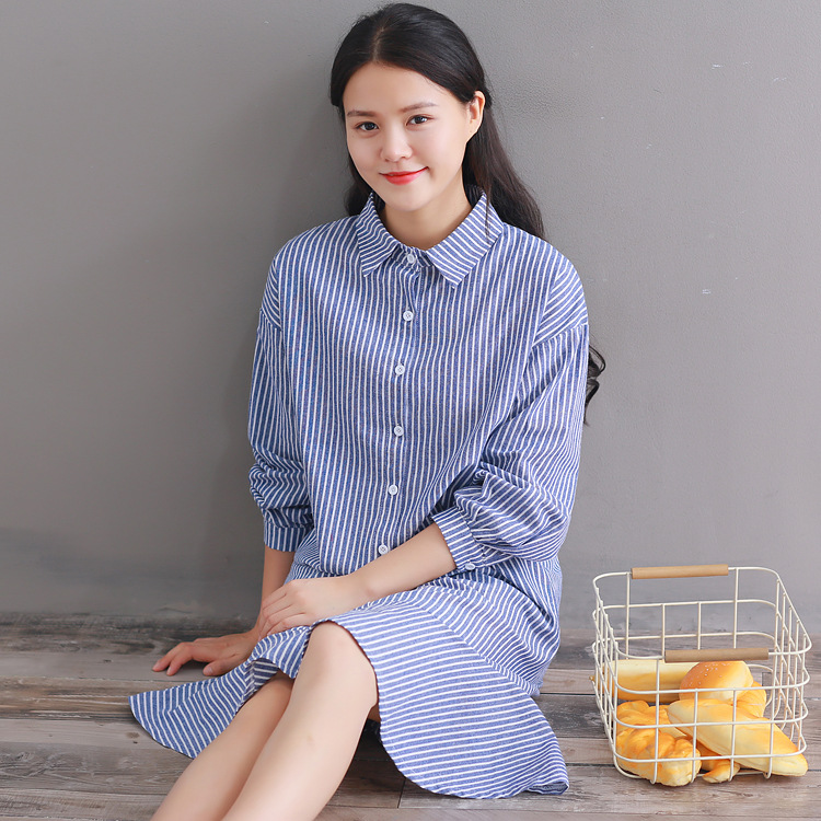 Dress Women'S Art Striped Mid-Length Loose Long Sleeves