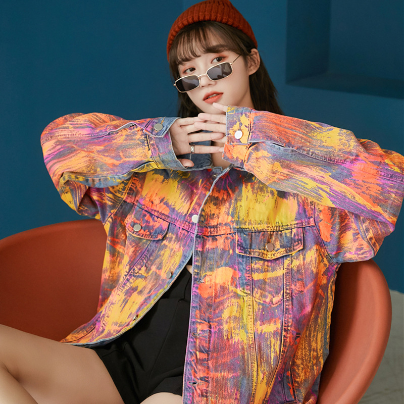 Graffiti Denim Jacket Women's Autumn New tie dye Denim Loose Korean Jacket Gradient Top Color - Shop at LoveMi