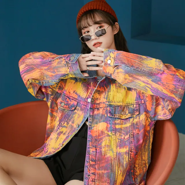 Graffiti Denim Jacket Women's Autumn New tie dye Denim Loose Korean Jacket Gradient Top Color - Shop at LoveMi