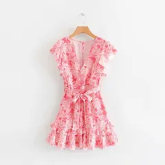 Summer New V-Neck Ruffled Lace Flower Print Dress - Pink - View 1