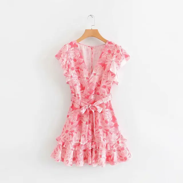 Summer New V Neck Ruffled Lace Flower Print Dress Pink - Shop at LoveMi