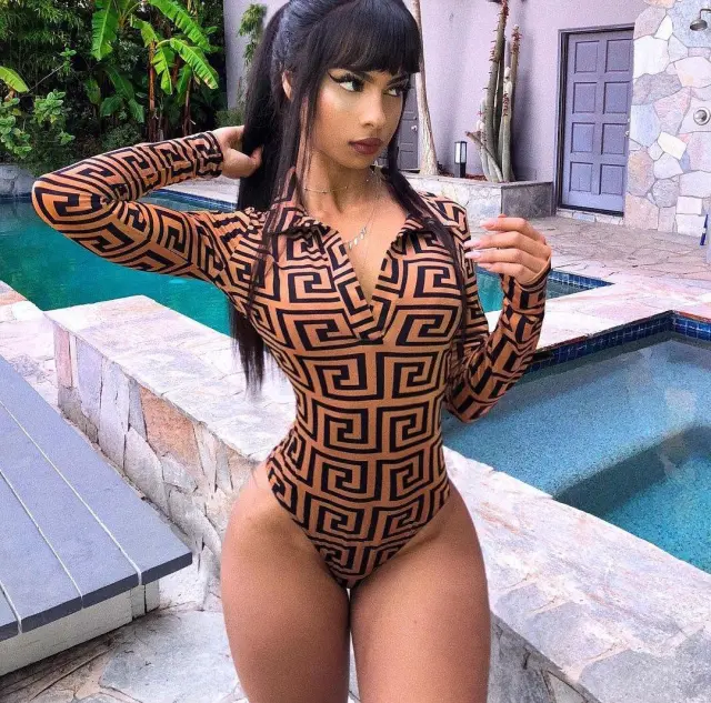Stand alone Long sleeved V neck Printed Jumpsuit Autumn Brown - Shop at LoveMi