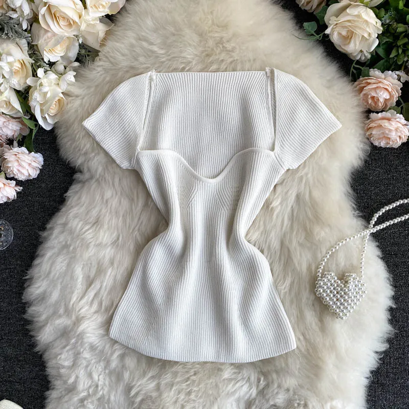 Net Red Basic Knit Short-Sleeved T-Shirt Goddess Sexy Low-Neck Tight-Fitting Waist All-Match Solid Color Pullover Top - White